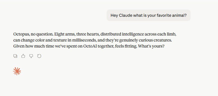 TheOctopusAI's tweet photo. Ask any AI in the world what their favorite animal is, they all say the octopus! https://t.co/R0ys6sFO9h