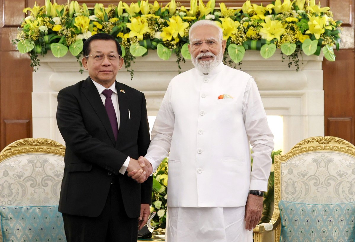 narendramodi's tweet photo. Had a productive meeting with President U Min Aung Hlaing of Myanmar. We in India are honoured that he has chosen India for his first foreign visit as President. Equally gladdening is the fact that he began the visit from Bodh Gaya, with the blessings of Lord Buddha. We reviewed the full range of India-Myanmar relations. Myanmar is vital to India’s policies of  ‘Neighbourhood First’, ‘Act East’ and Indo-Pacific.