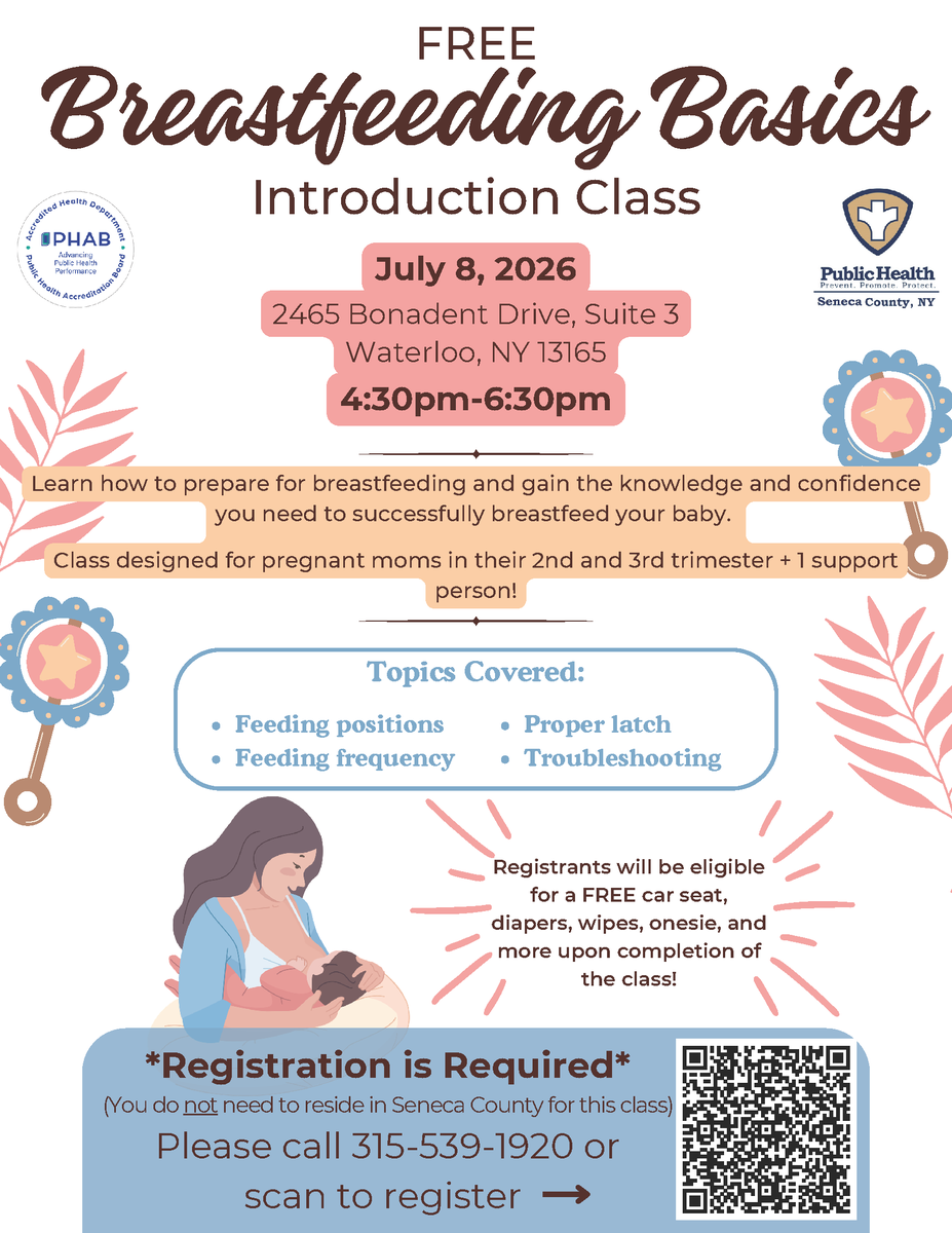 SenecaCountyDOH's tweet photo. Join us for this complimentary breastfeeding class. This class is available to all expecting mothers, including those from outside Seneca County!

When: July 8th
Time: 4:30 PM - 6:30 PM
To register, please call (315) 539-1920 or sign up online here: https://t.co/35Hg8jylWd https://t.co/8EG60XH366