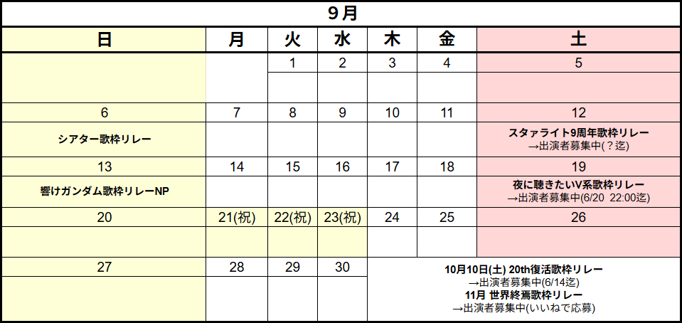shimesaba_krm's tweet photo. 6月1日(月)版
6～9月Vtuber歌枠リレーカレンダーです
※出演者募集中の一覧はツリー内

次回更新は6月8日(月)、その間の更新はツリー内でポストします

スプレッドシート版は随時更新
(プロフのlitリンクにあります)

#歌枠リレー https://t.co/FcMdT3jwQr