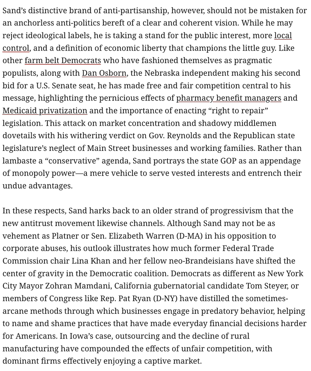 ddayen's tweet photo. This is a really interesting portrait of Rob Sand, who is often typecast as a moderate good-government crusader but who @jhv85 says exhibits qualities of prairie populists of old.
https://t.co/pnbiRs3NFI https://t.co/SOC9LCQq3O