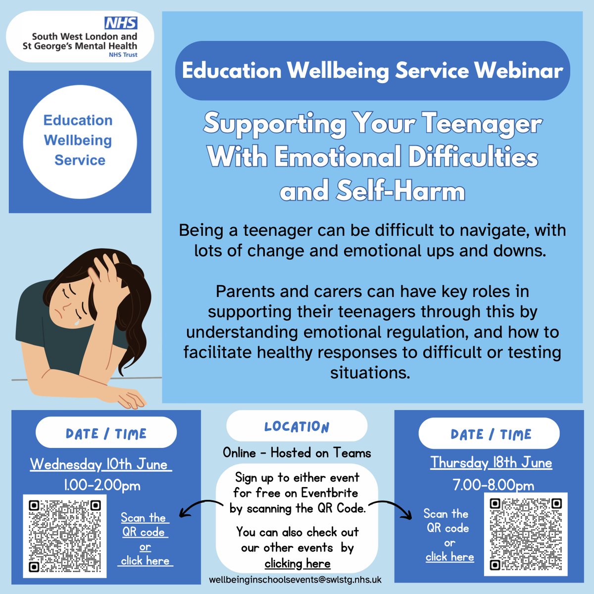 The SWLSTG Education Wellbeing Service is offering a series of free online webinars for parents and carers of secondary school students to help support your child&rsquo;s mental health and wellbeing.
 All sessions are free and delivered online.
Scan QR code to book your space. Image