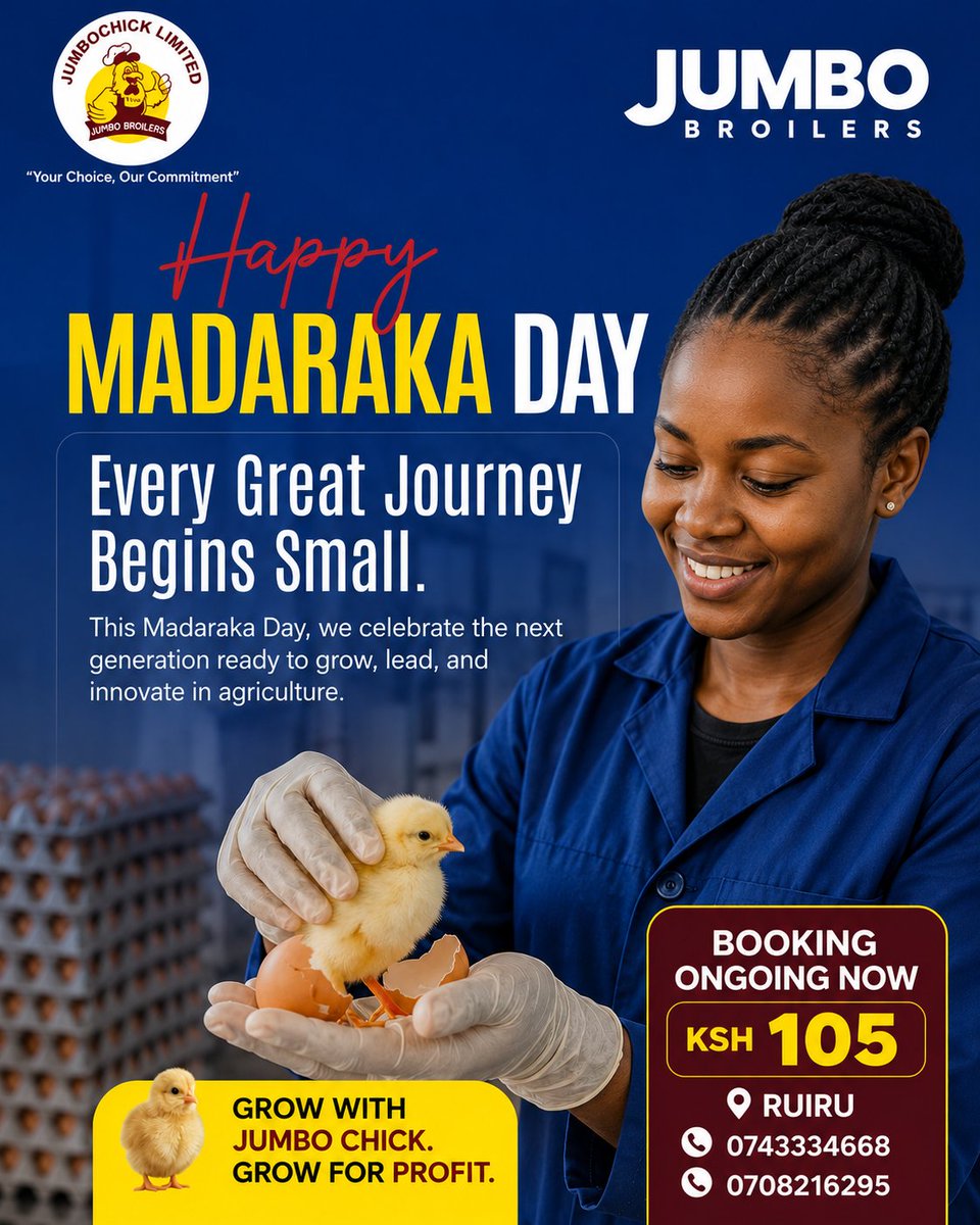 ChickswayKEN's tweet photo. Empowering the next generation to lead, innovate, and transform agriculture.
🇰🇪 Happy Madaraka Day from Jumbo Chick Poultry Farm!
🐣 Booking for Saturday delivery (6th June) is ongoing now.
📞 0708216295 | 0743334668
Grow with Jumbo Chick. Grow for Profit
We are located in Ruiru https://t.co/S3xgd9YuSc