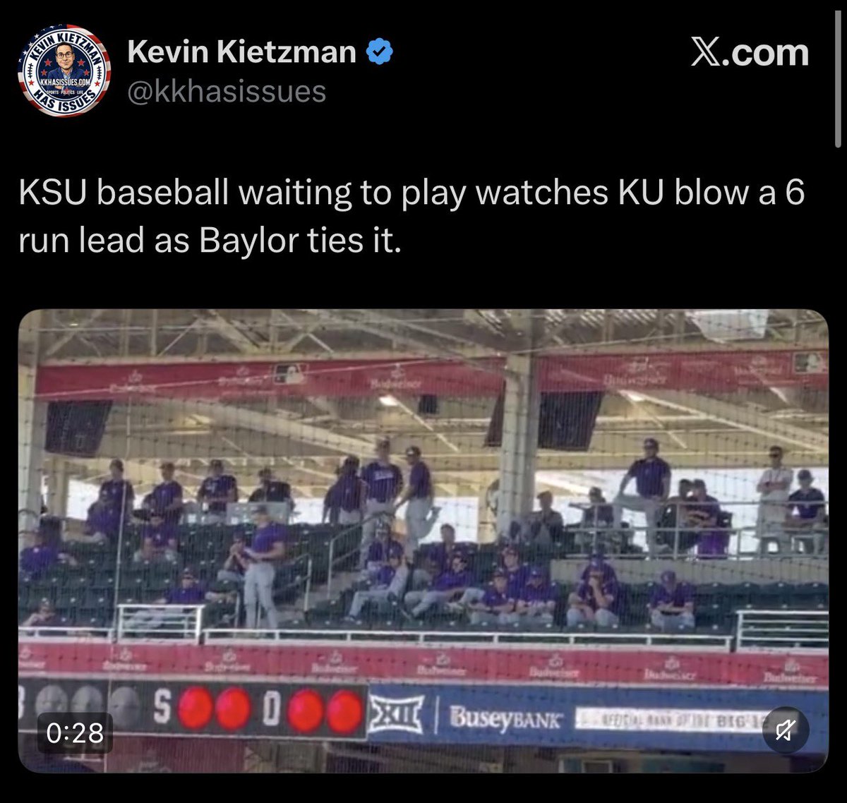 bhallier's tweet photo. Kansas is 6-0, won the Big 12 Tournament, and then the toughest regional based on average RPI, since Kietzman gleefully sent this tweet. @ShitkkwhbSays https://t.co/Q40nWPvLTB
