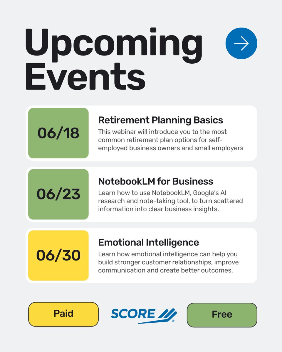 SCOREMentors's tweet photo. JUNE WEBINAR SCHEDULE — Swipe through to learn more about this month’s sessions. 👉

We hope you enjoy this month’s line up and look forward to seeing you at an upcoming event! https://t.co/w2CPrKAnJW