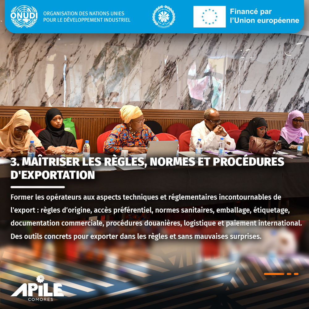 ApileComores's tweet photo. 🌍 Du 26 au 27 mai, les entreprises appuyées par APILE se sont formées à l'export africain dans le cadre de la ZLECAf : marchés cibles, normes, procédures et simulation export.
Ce n'est plus une question de potentiel — c'est une question de préparation. 🇰🇲
@UNIDO #UE🇰🇲 @gouvkm https://t.co/Qe1lKVQEKm