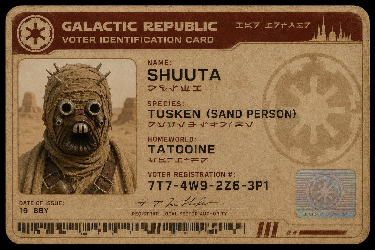 TractorLaw's tweet photo. @BigDickBarclay @kyrylobuVANov Uhhhh pretty sure I recall Tattooine has planetary voter ID https://t.co/0neb7Bf4YC