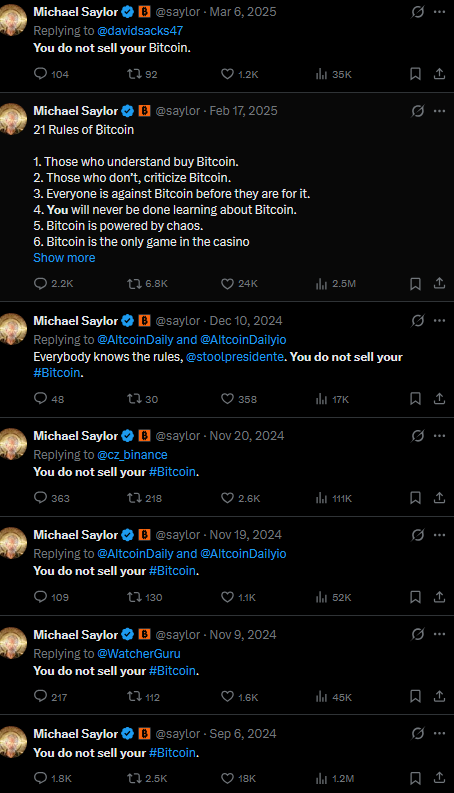 turtlesrock111's tweet photo. Saylor's favorite line to say is "You Do Not Sell Your Bitcoin" 

He literally said it over 50+ times on his twitter

We should send the retarded version of that phrase instead

https://t.co/VXg6axGUQb https://t.co/KyXOfD4lOl