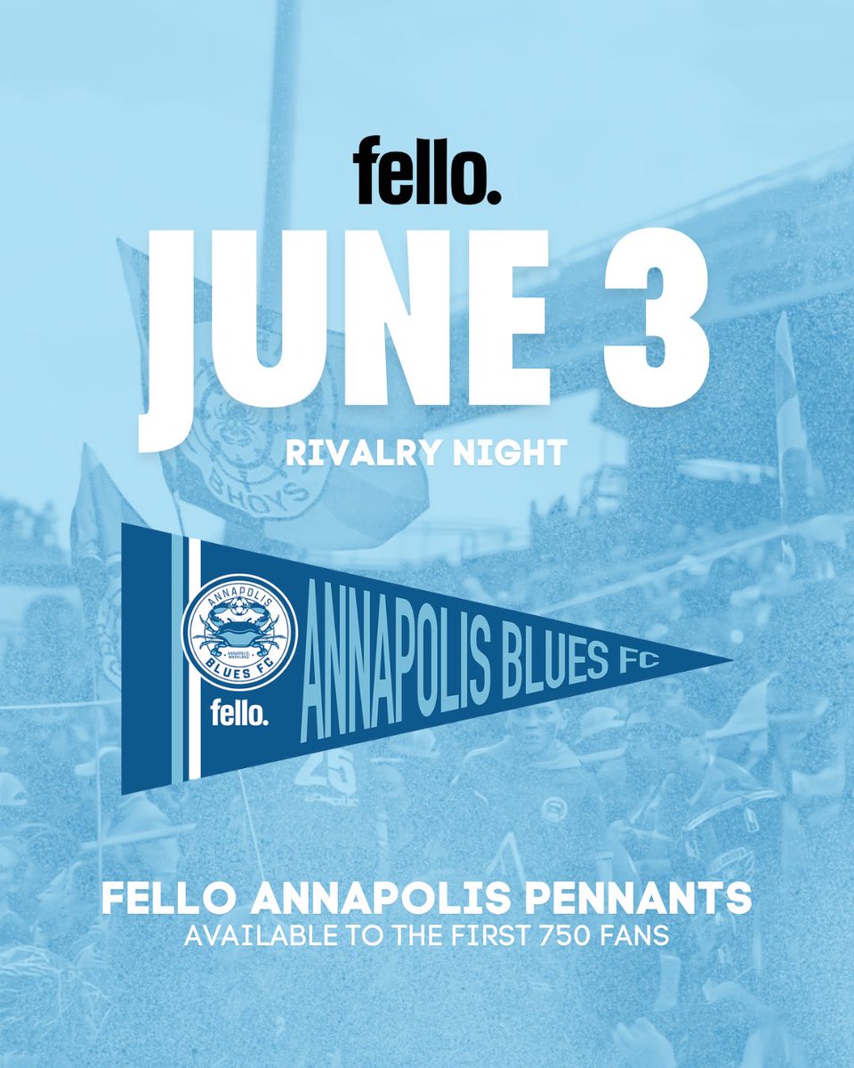 AnnapolisBlues's tweet photo. Mid-week match up at home 🫡

This Wednesday, June 3, at 7:00 pm, the boys face off against Lionsbridge FC! Grab your Fello x Blues pennants on the way into the match! ✨

🎟️ at https://t.co/40XHXTIbbQ https://t.co/tAYMgqaCVO