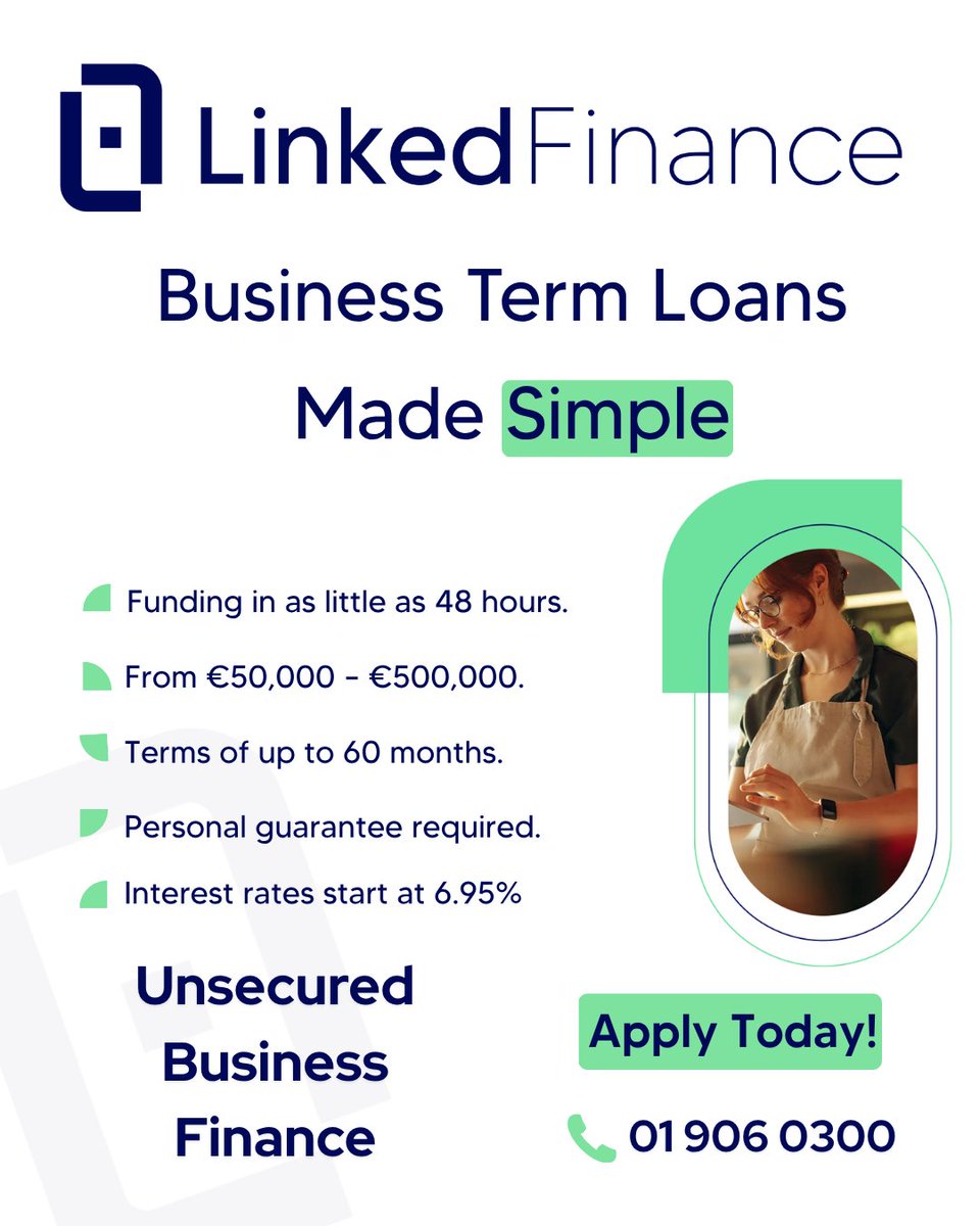LinkedFinance's tweet photo. Business Term Loans made simple. 

✔ From €50,000–€500,000
✔ Funding in as little as 48 hours
✔ Terms up to 60 months
✔ Rates from 6.95%

Apply today: 01 906 0300

#BusinessLoans #SMEFinance #IrishBusiness #PeerToPeerLending #UnsecuredLoans https://t.co/hlyve0cMde