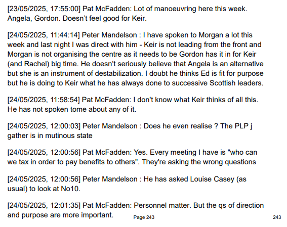 PolitlcsUK's tweet photo. 🚨 NEW: Work and Pensions Secretary Pat McFadden told Peter Mandelson that Labour MPs always ask "who can we tax in order to pay benefits to others" https://t.co/M2orHUHiuG