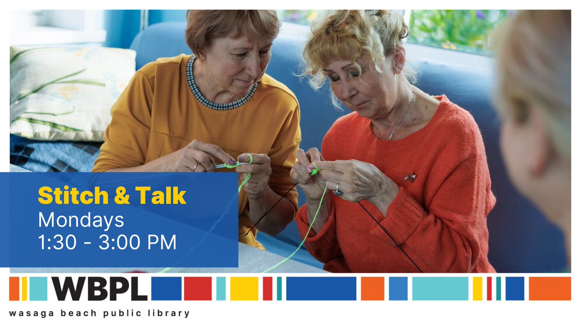 BeyondBooksWBPL's tweet photo. 🧶 Stitch &amp; Talk 🧶
A cozy weekly fibre arts meetup at the library.

Bring your knitting, crochet, or needlepoint and enjoy relaxed making and conversation with fellow crafters.

🗓 Mondays | 1:30–3:00 PM
📌 New members welcome

Come as you are and join the circle. https://t.co/P1X037bZvO
