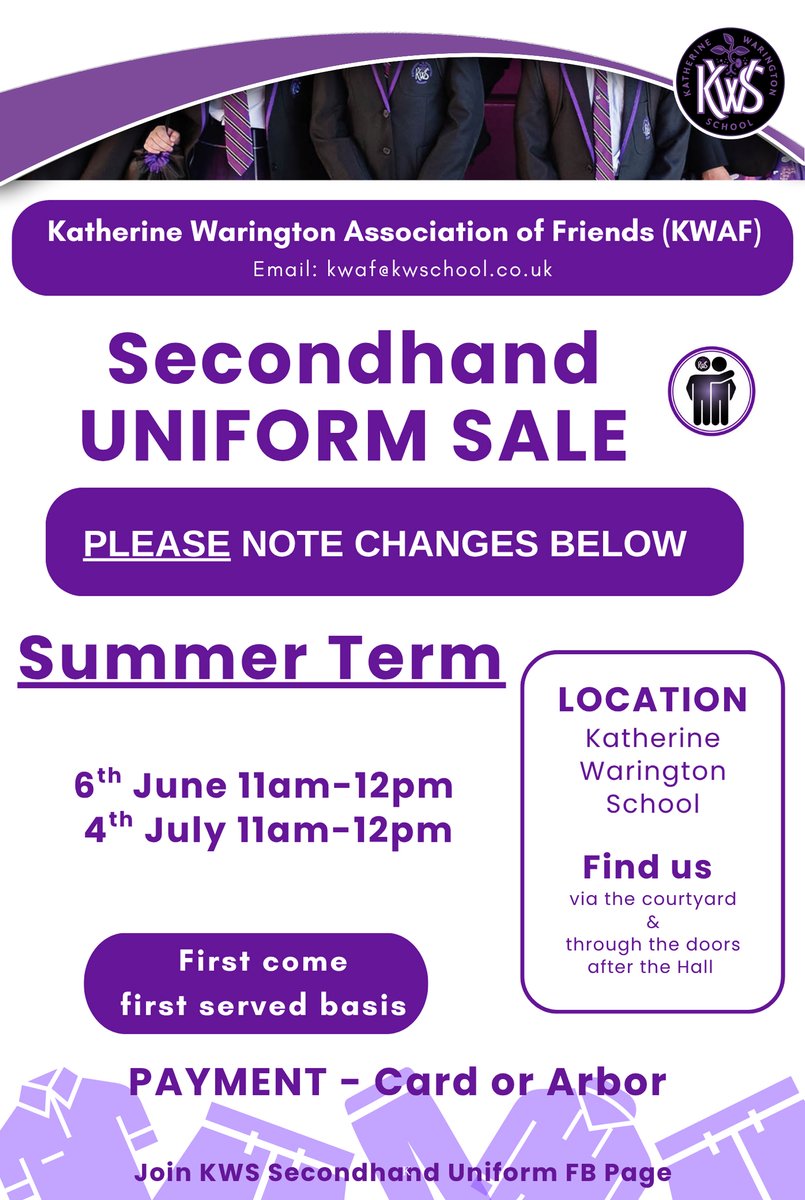 KWSHarpenden's tweet photo. Just a reminder that KWAF will be holding a second-hand uniform sale this Saturday at KWS, starting at 11am. There will also be additional sale taking place on 4th July. https://t.co/PdSzM2jqEP