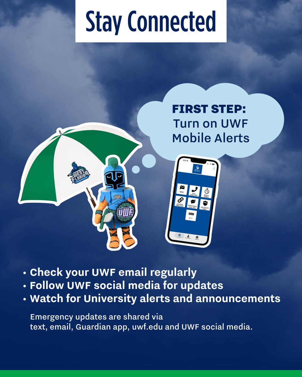 UWF's tweet photo. Stay prepared and stay aware. ☔

Preparation starts before the storm. Make a plan, stay informed, sign up for Mobile Alerts at https://t.co/q1dpEj8qXF and download the Guardian app. 

For more resources visit https://t.co/wD30O8TKEG. https://t.co/Sn6lNpVoz3