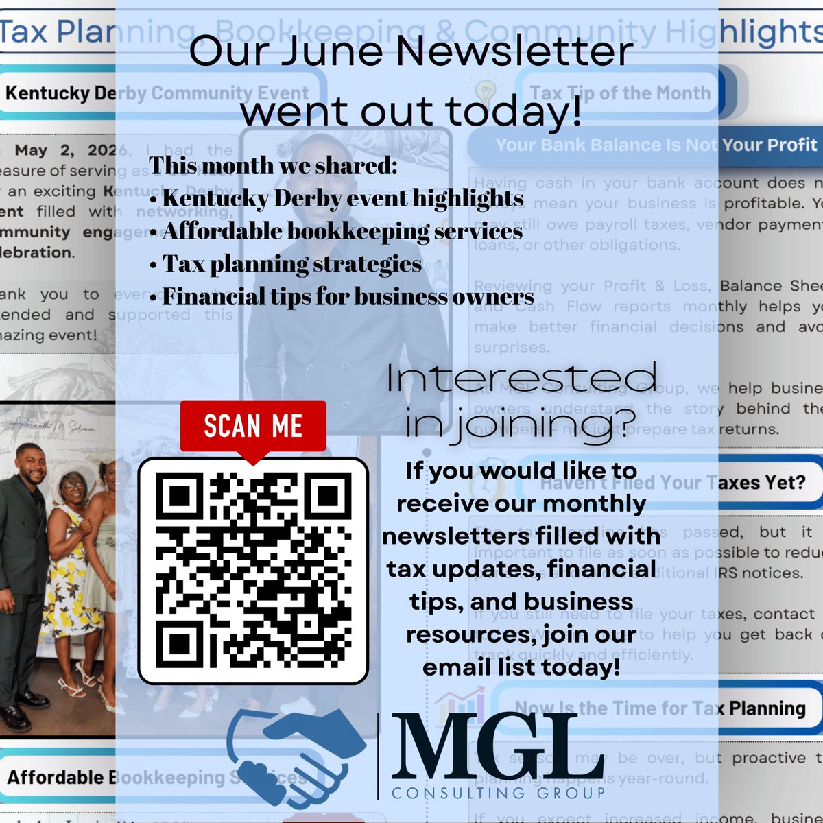 MGL_TaxCFO's tweet photo. Our June Newsletter went out today! 

Want to receive monthly tax tips, financial updates, and business resources from MGL Consulting Group? Join our email list today by completing our form below:

https://t.co/gKlU14w0bg https://t.co/GXnxWmi779