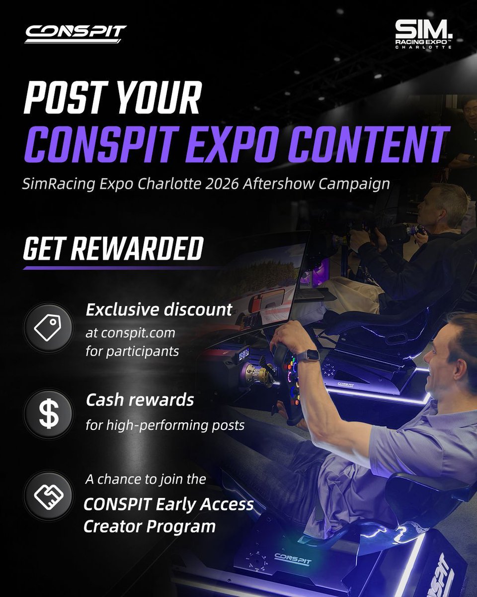 OfficialCONSPIT's tweet photo. Share Your CONSPIT Expo Content and Unlock an Exclusive Discount at https://t.co/FeZpO5GpOC 
Post your content, then send your post link to 
store@conspit.com

We’ll review your content and reply with your discount code.

#CONSPIT
#SimRacingExpo
#SimRacing
#RacingSimulator https://t.co/MB05vsQDdt