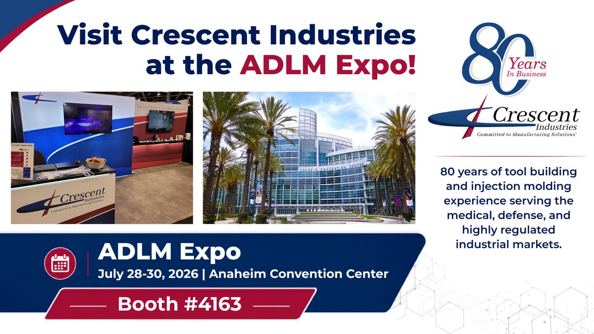 CrescentInd's tweet photo. Crescent Industries is exhibiting at ADLM Expo 2026.

Visit us at Booth #4163 from July 28-30, 2026, at the Anaheim Convention Center in Anaheim, CA.

Register &amp; find the details here: https://t.co/pShb26cXV2

#ADLM2026 #medicalmolding #crescentind #injectionmolding #moldbuilding https://t.co/6ckLx936yR
