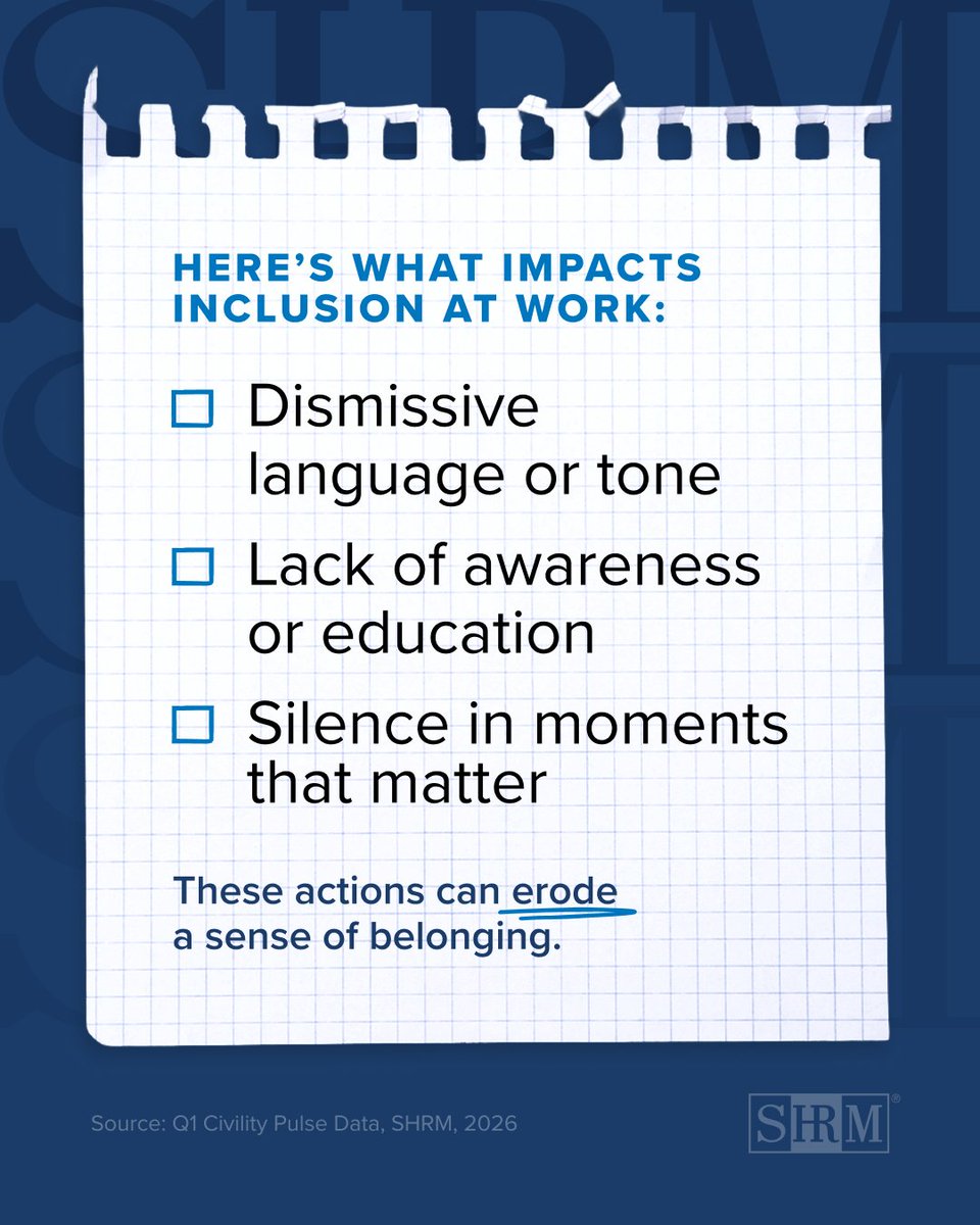 SHRM's tweet photo. Inclusion at work is shaped by everyday interactions.

1 in 4 workers say they’ve experienced or witnessed incivility related to LGBTQ+ inclusion.

Small moments matter. How can you create a more inclusive workplace? #PrideMonth

https://t.co/iXoEjExGbc https://t.co/1gm3qi8d1W