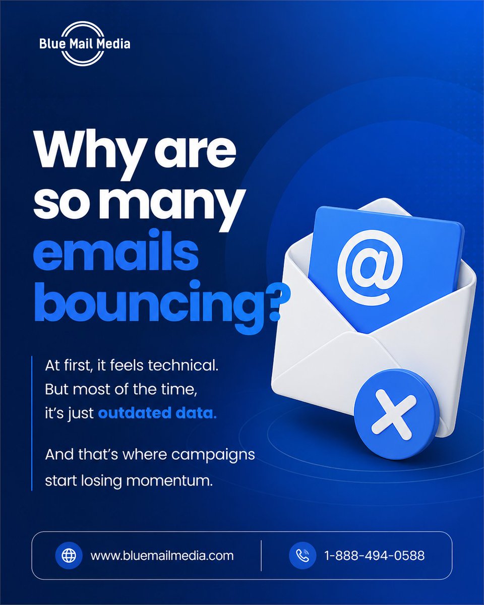 BlueMailMedia's tweet photo. High email bounce rates can break campaign momentum. 

Most of the time, it is outdated or invalid data. 

Clean data helps your emails reach real inboxes.

🌐 https://t.co/7s0dvtg6Gs

#EmailMarketing #DataQuality #Deliverability https://t.co/LltVYhA7dL
