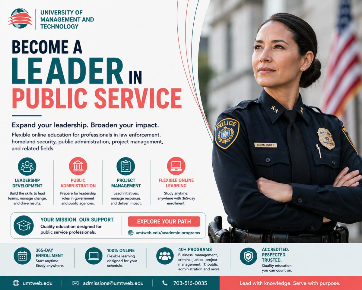 UMTconnect's tweet photo. Become a leader in public service. Flexible online education for law enforcement, homeland security, public administration, and related professions.

https://t.co/IIK4zGON1x

#PublicService #LawEnforcement #UMT https://t.co/IdoshJe4Qa
