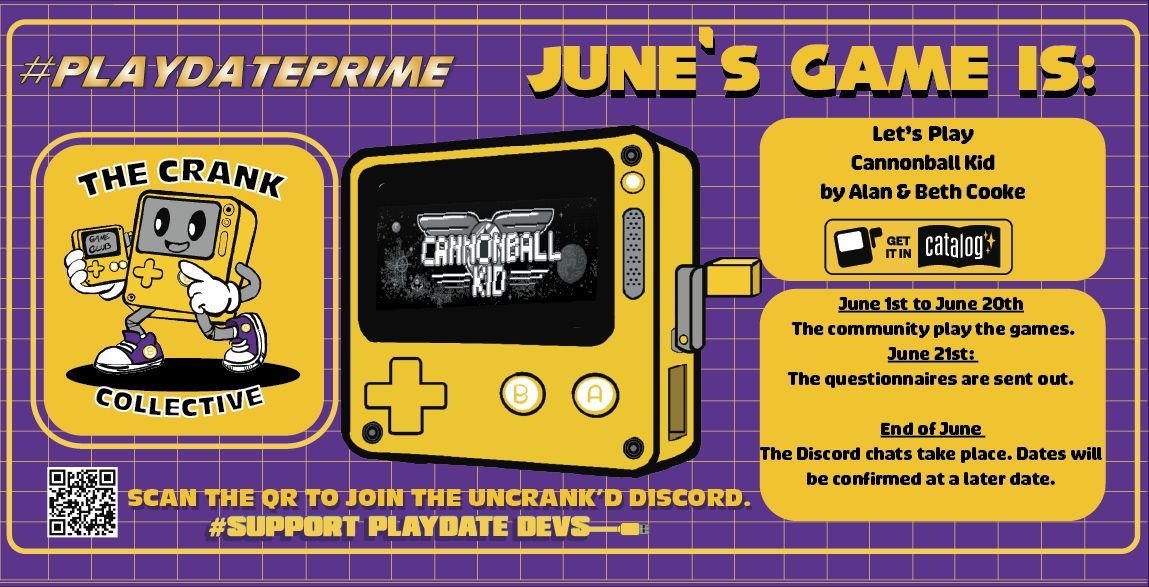 UncrankdPD's tweet photo. Welcome to June! The Crank Collective is playing Cannonball Kid by Alan &amp; Beth Cooke
Come play, hang out, and chat with the #Playdate community.
https://t.co/xVXpE8xAbV 

#supportplaydatedevs
#playdateprime https://t.co/duJhvDvDnb