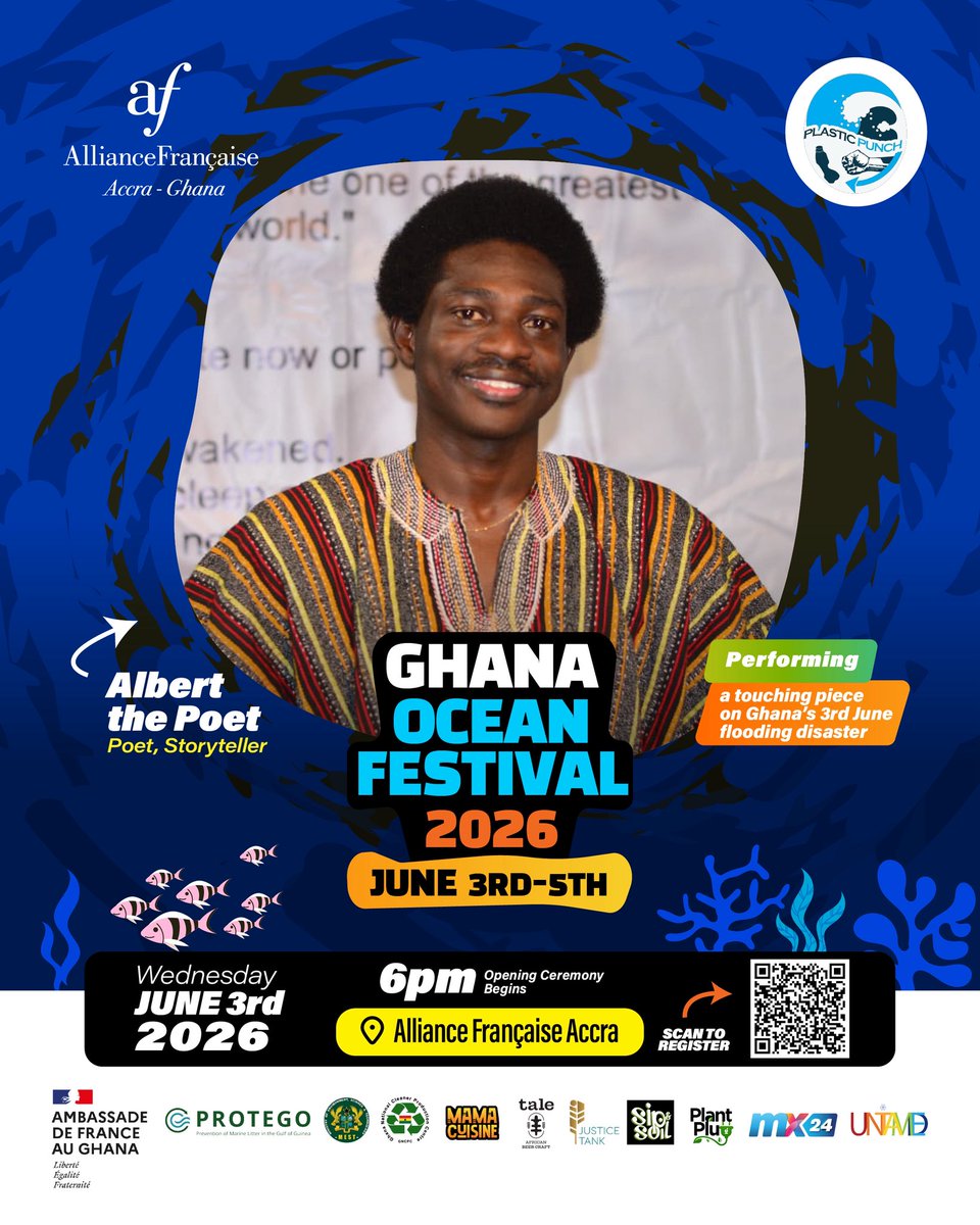 AF_Accra's tweet photo. 🌊 Voices That Move Like the Tide 🌊

Stories have the power to heal, inspire, and remind us of what truly matters.

Join us at the Ghana Ocean Festival 2026 as Albert the Poet takes the stage with a moving spoken word performance reflecting on Ghana’s tragic 3rd June flooding. https://t.co/YDXgt9oG4H