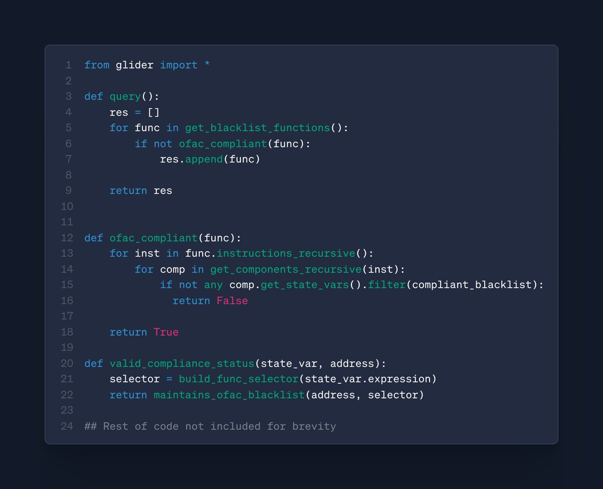hexens's tweet photo. As TradFi integrates with the DeFi ecosystem and adopts ERC-20 tokens, institutions must ensure tokens meet compliance standards including adherence to the official OFAC SDN list. 

Many tokens support blacklisting, but it's difficult for analysts to verify whether a given token is actually up to date with the latest sanctions list.

With Glider, we can analyze any token and instantly surface whether it maintains the latest OFAC SDN list. 

The query below identifies ERC 20 tokens that support blacklisting but don’t utilize the latest SDN list.