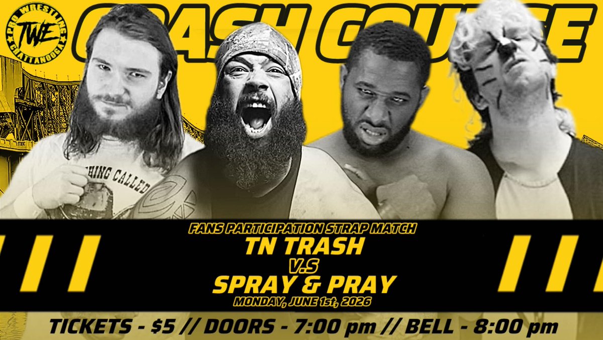 TWE_Chattanooga's tweet photo. TONIGHT TONIGHT TONIGHT
 
TWE Crash Course Summer Kickoff!

‼️TICKETS ONLY $5‼️

- Bulldozer @Tremont07GCW appearing!
- @jshook_75 w @DylanWaco 
- Fan Participation Strap Match
- Mystery Opponent Tag and so much more. https://t.co/znIPz44IT4