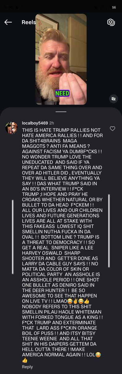 labtechleigh's tweet photo. CONFIRMED: Jolly Good Ginger, one of the individuals involved in the takeover of Cities Church in St. Paul, MN, is currently on the ground at the Newark anti-ICE protests.

His own video posts from last night (after curfew was enforced outside Delany Hall) do not directly call for violence. However, the replies to his content include explicit calls for boycotts, revolution during the World Cup, armed assaults, and the assassination of President Trump and/or his family.

Example reply from localboy5469:
"FCK TRUMP; I HOPE AND PRAY HE CROAKS WHETHER NATURAL OR BY BULLET TO DA HEAD FCKEM !! ... GET A REAL SNIPER LIKE A LEE HARVEY OSWALD SHARP SHOOTER AND GETT'ER DONE..."

Per his Instagram bio, Jolly Good Ginger claims:
5M on TikTok • 1M on Facebook • 160K on YouTube.