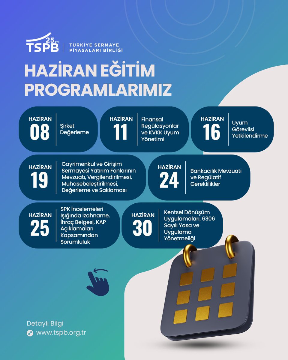tspborgtr's tweet photo. Türkiye Sermaye Piyasaları Birliği olarak, Haziran aylarında düzenleyeceğimiz eğitim programı ile sizleri sermaye piyasalarına dair güncel gelişmeler, bilgi ve yetkinliklerle buluşturuyoruz.

Detayları görmek için sola kaydırabilirsiniz.

#TSPB #EğitimProgramı #Sertifika #FinansalEğitim