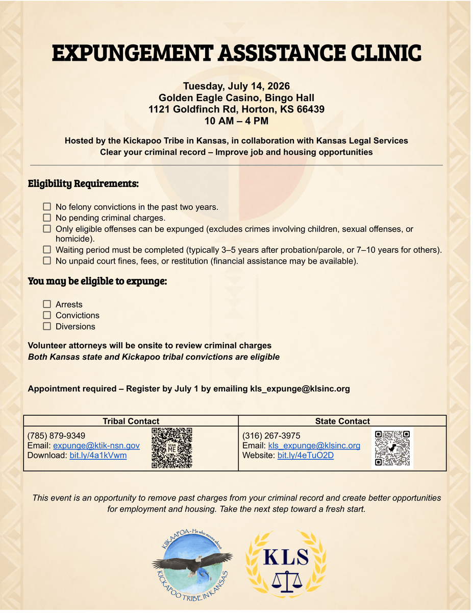 KLSforkansas's tweet photo. KLS is partnering with the Kickapoo Tribe in Kansas for an expungement clinic on July 14th. Register Today! https://t.co/zD1XytKvrK