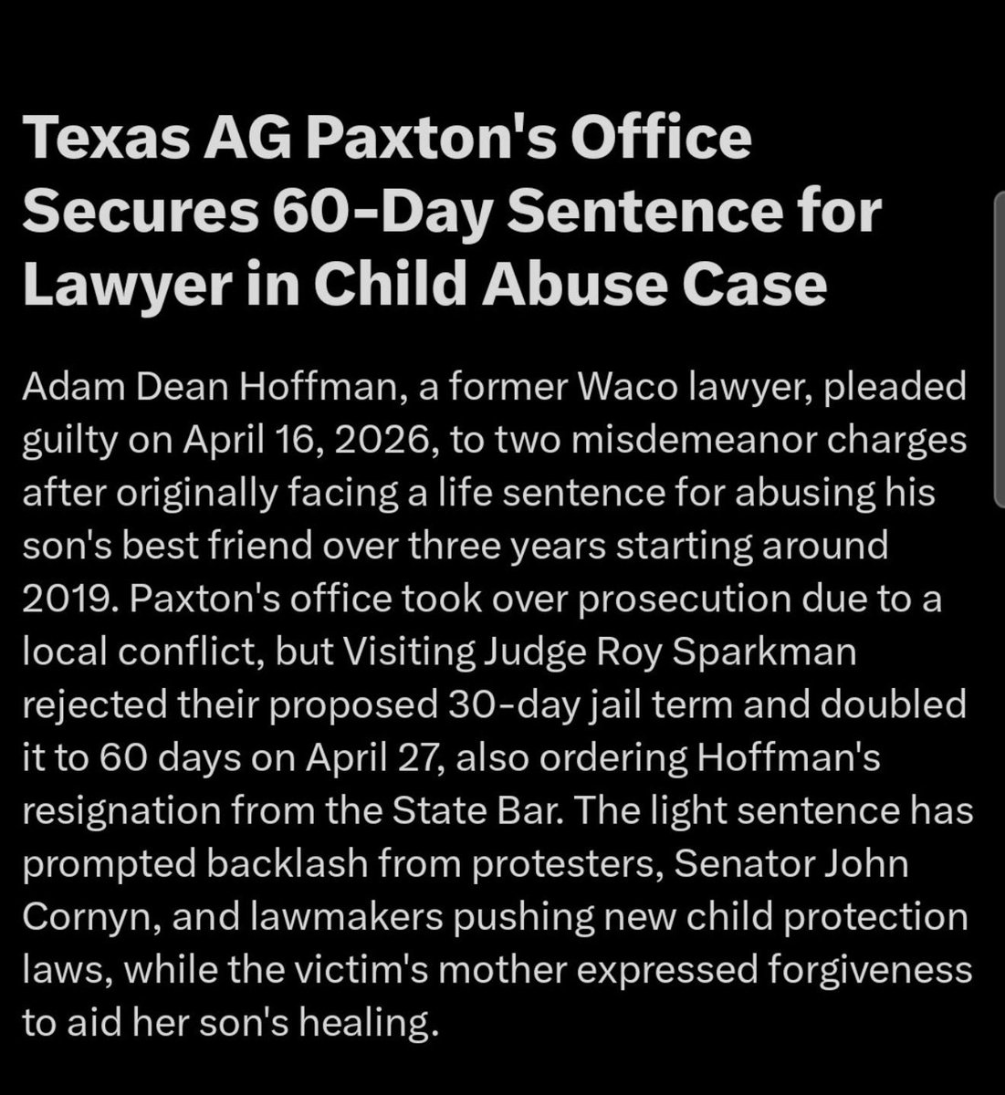 ValDemocracy's tweet photo. @RickD_GK Paxton recommended 30 days jail for child abuse over 3 years… how can anyone in their right mind vote for Paxton? https://t.co/ndmWTPAyyq