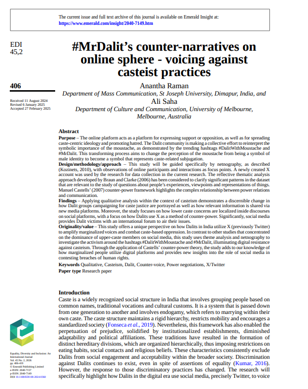 EDI_Journal's tweet photo. Paper spotlight @EDI_Journal: Anantha Raman @ananthaashrit and Ali Saha - '#MrDalit’s counter-narratives on online sphere - voicing against casteist practices'. See thread for key takeaways (1/4). Paper here: https://t.co/kgsut6H1X9 https://t.co/L0xuAgIZey