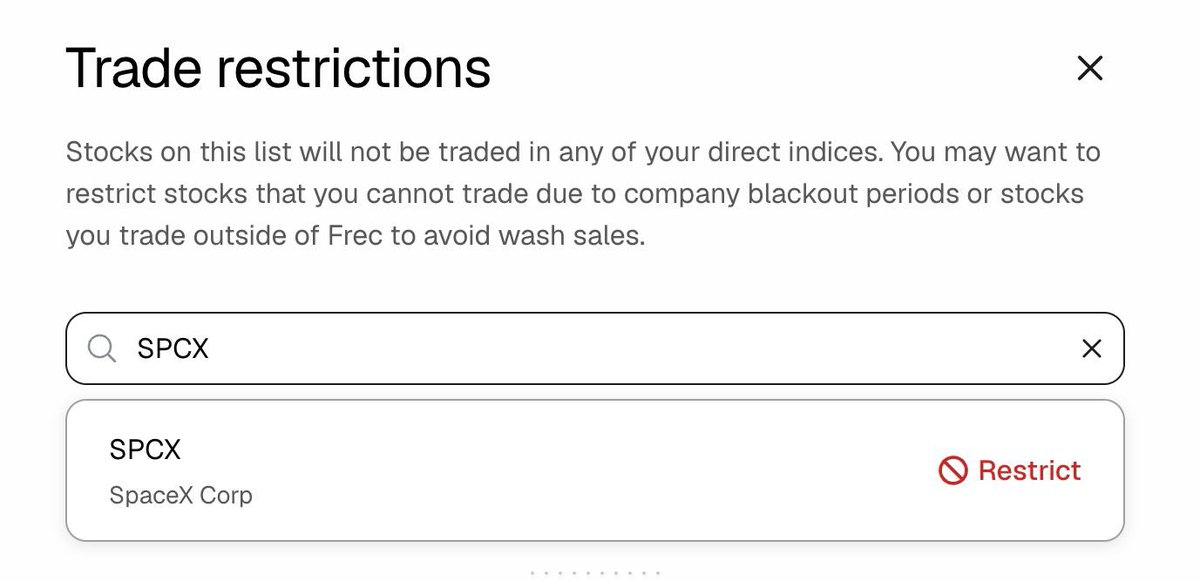 maladham's tweet photo. Many customers have reached out about preemptively restricting SpaceX from their direct indices.

As of today, customers can add a trade restriction against SPCX so Frec will not open a position. They will also be able to exclude it  from any index that adds it.

It’s worth clarifying where things stand.

S&P Dow Jones Indices: No final change has been announced. S&P is consulting on megacap IPO eligibility changes, but even if adopted, S&P 500 inclusion would still be at the discretion of the index committee.

FTSE Russell: This one has changed. FTSE Russell has introduced fast-entry rules for large IPOs, and based on current public information, SpaceX appears more likely to qualify for Russell large-cap indexes like the Russell 1000.

MSCI: MSCI says it has not changed its rules for large IPOs. Its methodology already includes fast-track provisions for large IPOs, but weights are based on free-float-adjusted market cap, which can limit the impact of a low-float listing.

CRSP / Morningstar: No change, already allows eligible IPOs into its index suite after five trading days if they pass market-cap, liquidity, and other investability screens.

Nasdaq-100: We do not currently support Nasdaq indices, but Nasdaq has also updated its methodology to allow very large newly listed companies to be evaluated shortly after listing, with adjusted rules for lower-float securities.

The broader point is that ETF investors outsource all decisions to fund managers and index providers. When an index changes, they generally have to accept the new exposure and have no say.

Direct indexing gives investors more control. They can restrict individual securities, customize their exposure, and participate in markets in a way that better reflects their own preferences. They can also transition between indices more tax-efficiently, instead of being forced to sell one ETF and buy another. 

That is one of the reasons we believe direct indexing is a better ownership structure for long-term investors.
