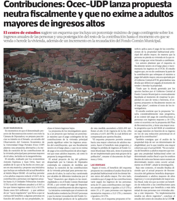 OcecUdp's tweet photo. [EN PORTADA] Hoy La Tercera destaca estudio de @Antonio_esp_v  y @juanortiz_c , que propone un esquema de alivio, que reduce el pago contingente de la contribución a más adultos mayores que el actual BAM pero que es fiscalmente neutro en el largo plazo

▶️https://t.co/bFIObRKxYi https://t.co/0r76Csf7P1