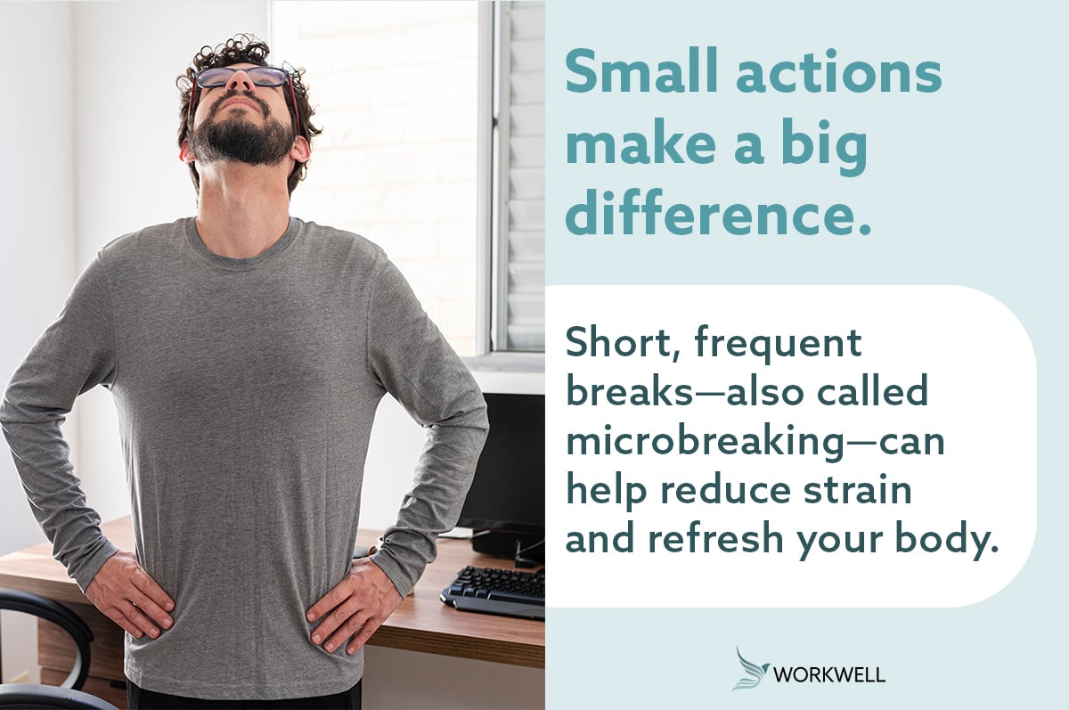 WorkWellPandC's tweet photo. Feeling stiff? Short, frequent breaks can refresh your body.

• Stand, reach, walk for 30 seconds every 30 minutes
• Rotate wrists, shoulders, neck
• Rest eyes by looking at something distant

Try this today: Set a reminder for your next break. 

Small breaks = big relief! https://t.co/52Cn9qBuw4