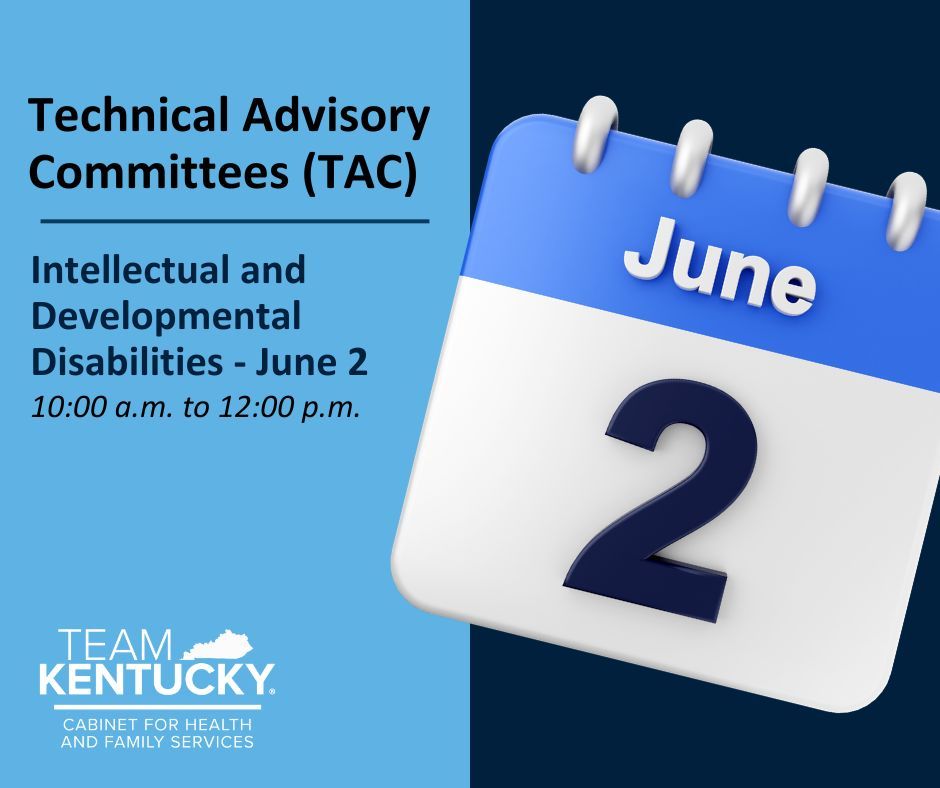 KentuckyDMS's tweet photo. Join us this week for one Technical Advisory Committee (TAC) meeting: 

Intellectual and Developmental Disabilities (IDD) TAC, 10:00 a.m. to 12:00 p.m. Tuesday, June 2
Join the Zoom meeting: https://t.co/SugSo0fDaP https://t.co/5L2jyz5Tlc