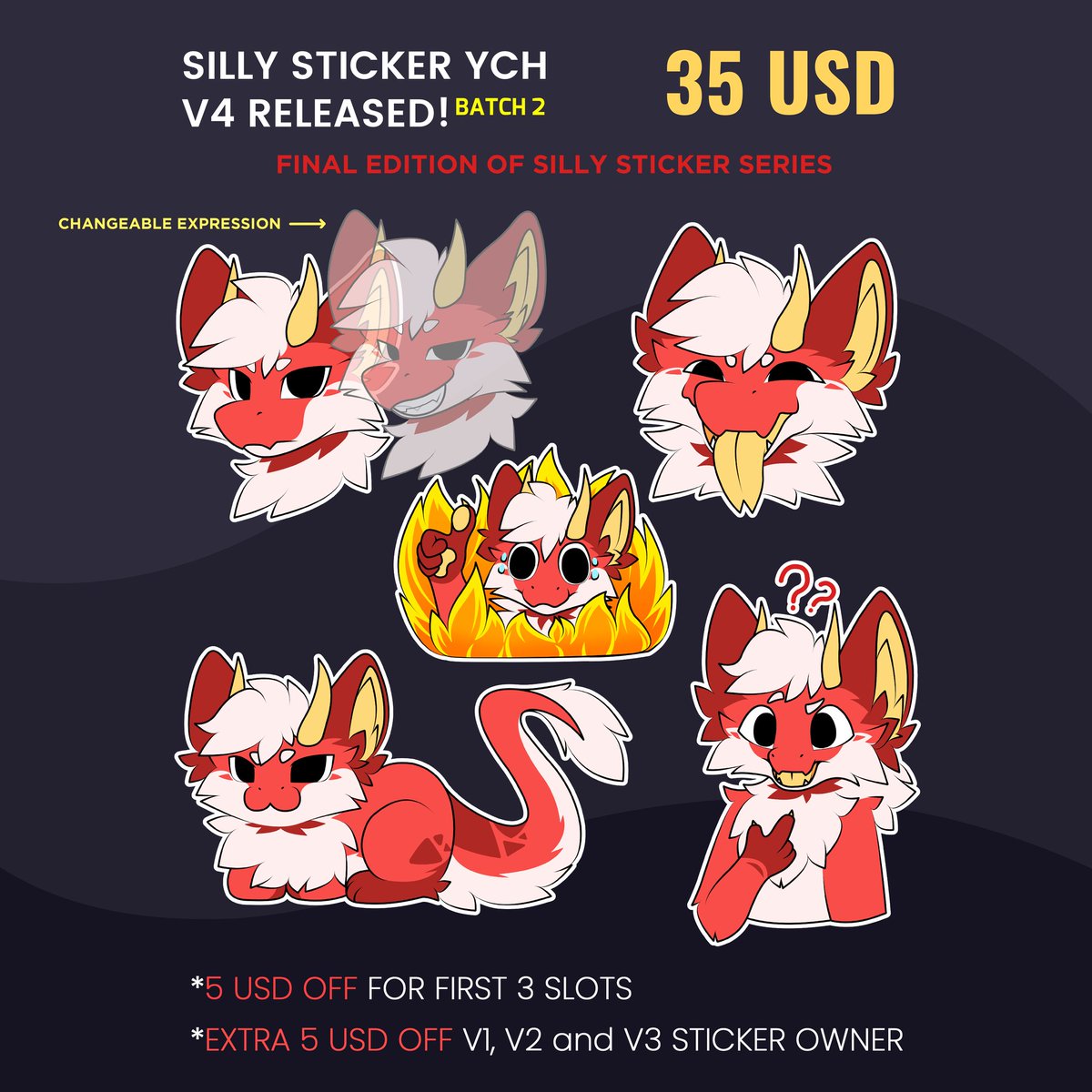 Flavyart10's tweet photo. Silly Sticker YCH V4 [BATCH 2] AVAILABLE!

Last edition of the SILLY series.
Finished sample on the last slide

reshare appreciated :3
get yours! First 3 slots get special DISC!

#Furry #flavyartcomms #comms #furrycomms #furryych https://t.co/jzGE2nSSMo