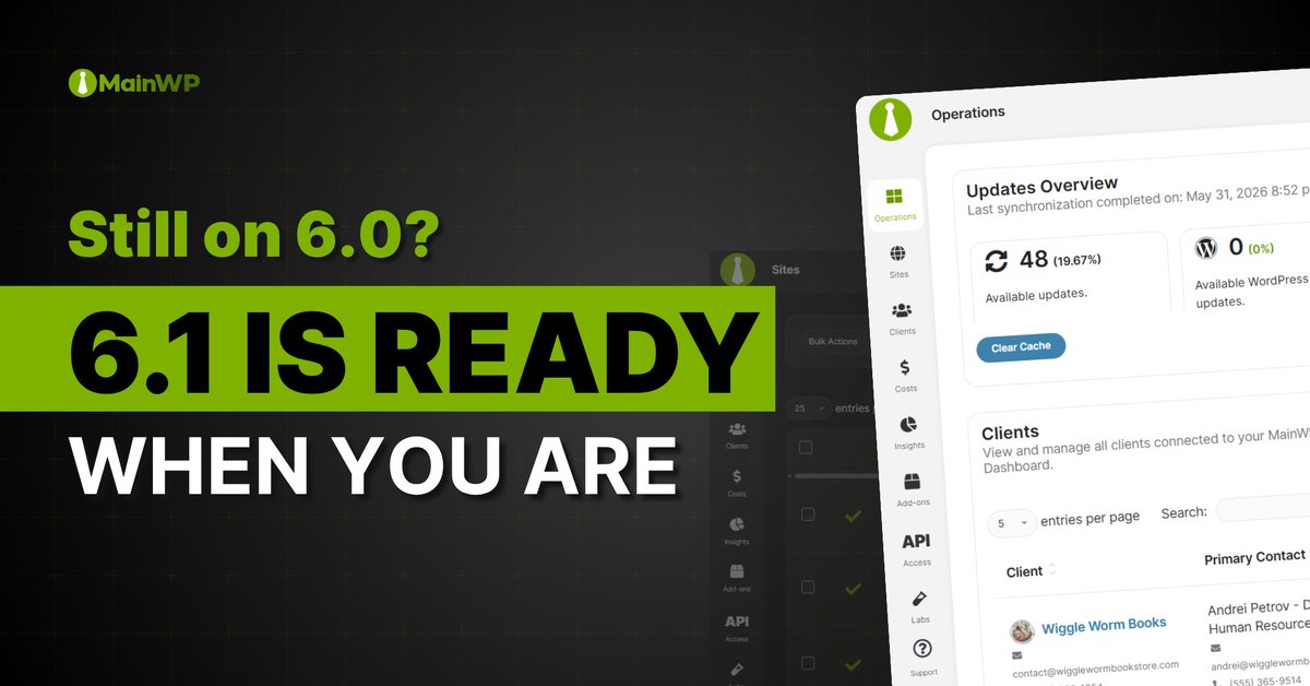 MyMainWP's tweet photo. MainWP 6.1 is available with refinements across the Dashboard experience.

When you're ready, 6.1 is waiting. https://t.co/dSZNmSkINd