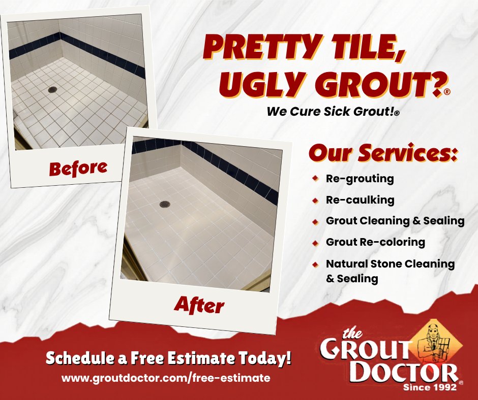 TheGroutDoctor's tweet photo. 🛁 Your shower doesn't have to stay stained, discolored, or outdated.
With professional re-grouting and re-caulking , the Grout Doctor® can restore the clean, fresh look of your tile without the cost and hassle of replacement.
https://t.co/T1Zfms6LTj https://t.co/ooS6QWUWv4