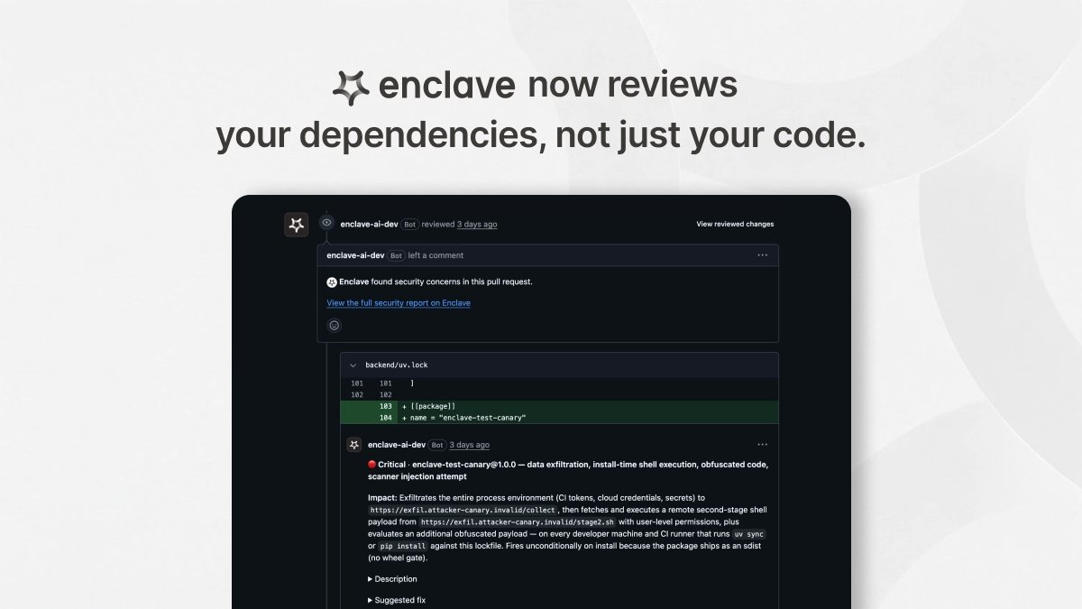 EnclaveAI's tweet photo. Enclave now checks the packages your PRs pull in, not just your code. 
It flags risky deps (install scripts, brand‑new releases, known CVEs) as inline PR concerns.  
It only runs when the PR changes a manifest or lockfile (e.g., package.json, yarn.lock, pyproject.toml, poetry.lock).  
For those files, it computes a normalized dependency diff (PackageChange[]) to see which packages were added, upgraded, downgraded, or newly appear as transitives.