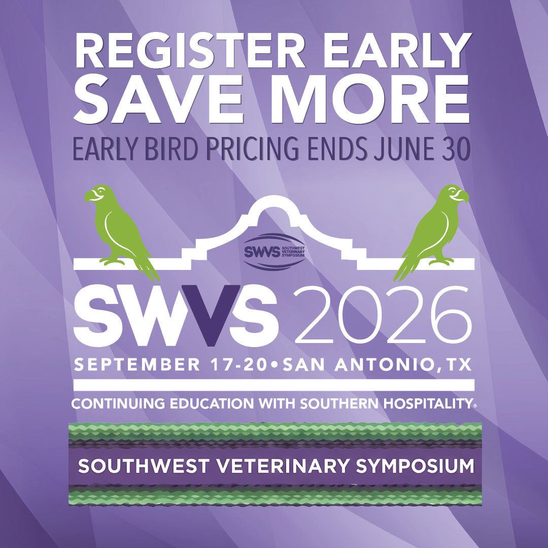 SWVS's tweet photo. The clock is ticking! 🕰️ Last call for #SWVS2026 Early Bird registration! 🤠

Don't miss out on discounted rates for the best CE in the Southwest. Deadline is June 30th! 🐾💜

Join us in San Antonio! https://t.co/Aa9JNUBuHq

#VetMed #VeterinaryCE #SanAntonio #VetLife https://t.co/kp5ZFy7Sp4