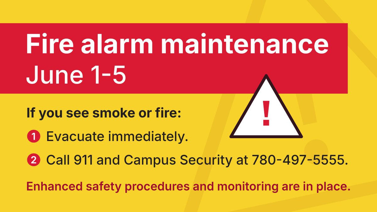 MacEwanU's tweet photo. ⚠️ Fire alarm maintenance will take place today through June 5. Additional safety measures are in effect. 

#MacEwanU https://t.co/csejCxpkxd