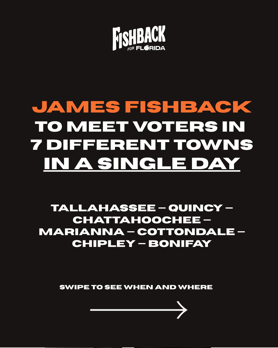 j_fishback's tweet photo. This Saturday, I'll be the first candidate in Florida history to meet voters in 7 different towns in a single day.

See where I'll be and join me. ⬇️ https://t.co/tPwiJiuUxZ