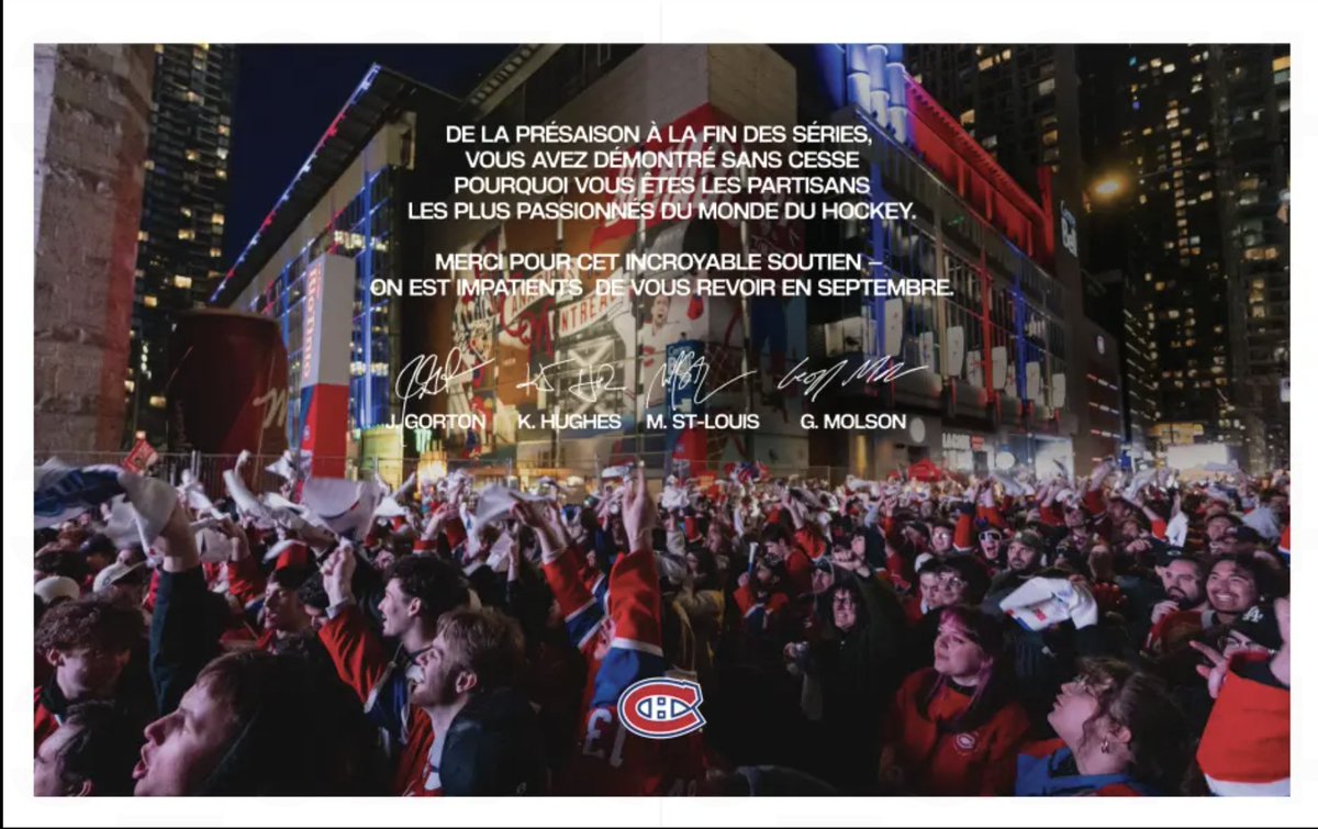 ALacroixJDM's tweet photo. Beau geste envers les partisans, le @CanadiensMTL s'est payé cette publicité dans le @JdeMontreal de ce matin pour souligner leur soutien et leur passion au cours des séries éliminatoires 2026. https://t.co/AoXmhwGCFR