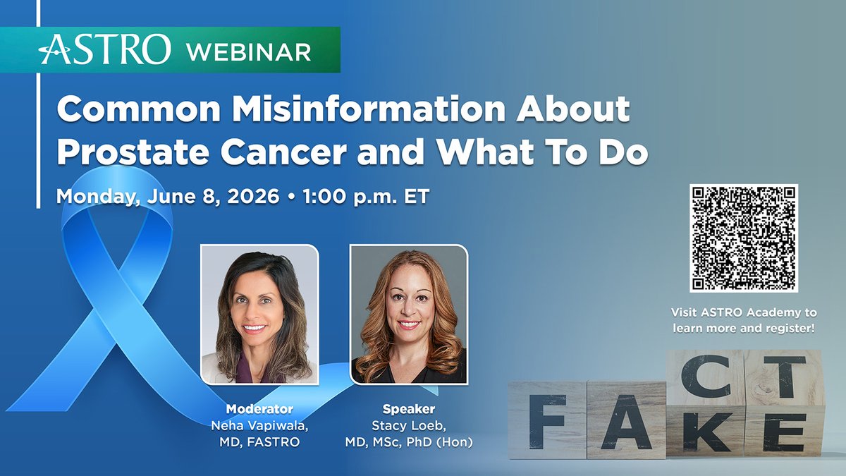 ASTRO_org's tweet photo. Just 1 week left! - LIVE webinar: 
“Common Misinformation About Prostate Cancer and What To Do”

June 8 | 1:00 p.m. ET
Moderated by ASTRO President Neha Vapiwala, MD, FASTRO, with speaker Stacy Loeb, MD, MSc, PhD (Hon). FREE for ASTRO members.

Register today: https://t.co/PJCoQdVafm

@NehaVapiwala @LoebStacy