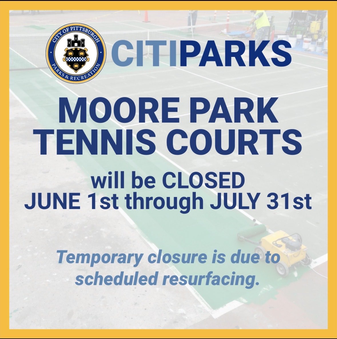 Pittsburgh's tweet photo. 🚧 The City of Pittsburgh is upgrading the Moore Park tennis courts! 🚧

The courts will be closed from June 1 through July 31 while crews complete the resurfacing work. We appreciate your patience and understanding. 

Find nearby tennis courts here: https://t.co/2oPTc0cb1s https://t.co/HK9v42Kvzg