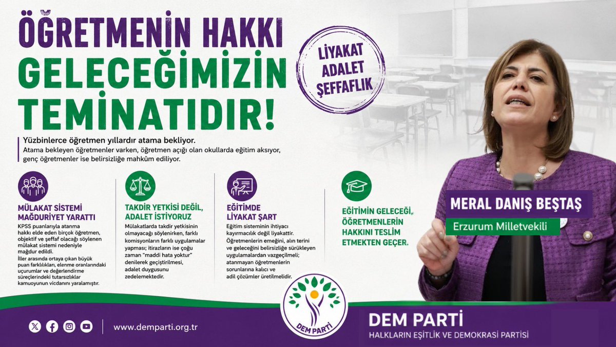 meraldanis's tweet photo. Yüzbinlerce öğretmen yıllardır atama bekliyor. Buna rağmen öğretmen açığı bulunan okullarda eğitim aksıyor, genç öğretmenler ise belirsizliğe mahkûm ediliyor.

KPSS puanlarıyla atanma hakkı elde eden birçok öğretmen, objektif ve şeffaf olacağı söylenen mülakat sistemi nedeniyle mağdur edildi. İller arasında ortaya çıkan büyük puan farklılıkları, elenme oranlarındaki uçurumlar ve değerlendirme süreçlerindeki tutarsızlıklar kamuoyunun vicdanını yaralamıştır.

Mülakatlarda takdir yetkisinin olmayacağı söylenirken, farklı komisyonların farklı uygulamalar yapması; itirazların ise çoğu zaman “maddi hata yoktur” denilerek geçiştirilmesi, adalet duygusunu zedelemektedir.

Eğitim sisteminin ihtiyacı kayırmacılık değil liyakattir. Öğretmenlerin emeğini, alın terini ve geleceğini belirsizliğe sürükleyen uygulamalardan vazgeçilmeli; atanmayan öğretmenlerin sorunlarına kalıcı ve adil çözümler üretilmelidir.

Eğitimin geleceği, öğretmenlerin hakkını teslim etmekten geçer.
