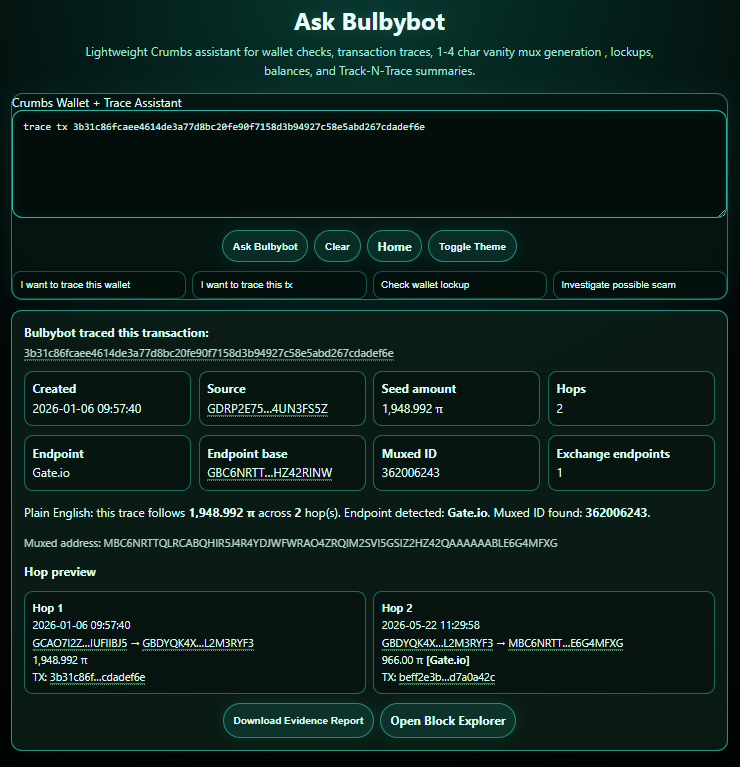 bulbybot's tweet photo. 🚀 Crumbs is getting an AI module!

Still a work in progress, but it's coming together nicely.

✅ PCT Wallets 
(hands off this one, @itinajnr  @ZyraChains 👀)
✅ Sweeps
✅ Wallet Lookup
✅ Track N Trace
✅ Vanity
The goal? Every Crumbs tool available through one easy-to-use interface, powered by an AI assistant.
One dashboard. One assistant. All your Crumbs tools.
More updates soon.