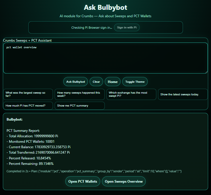 bulbybot's tweet photo. 🚀 Crumbs is getting an AI module!

Still a work in progress, but it's coming together nicely.

✅ PCT Wallets 
(hands off this one, @itinajnr  @ZyraChains 👀)
✅ Sweeps
✅ Wallet Lookup
✅ Track N Trace
✅ Vanity
The goal? Every Crumbs tool available through one easy-to-use interface, powered by an AI assistant.
One dashboard. One assistant. All your Crumbs tools.
More updates soon.